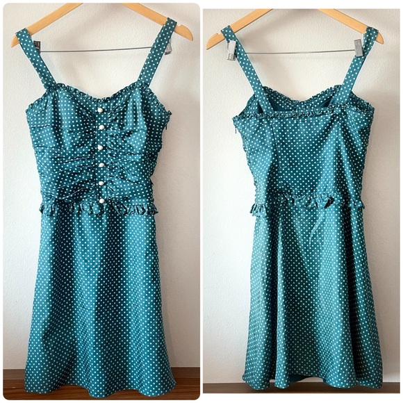 Vintage 90's Betsey Johnson teal polka dot silk midi-length dress. Vintage 90's Betsey Johnson teal polka dot silk midi-length dress.